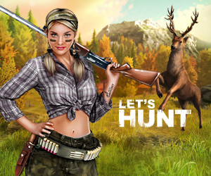 Frau mit einem geschultertem Gewehr und einem Hirsch im Hintergrund